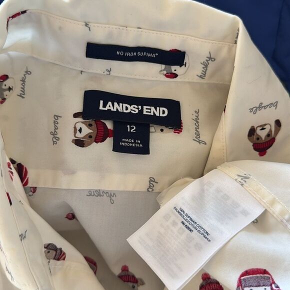 Lands’ End Women’s Size 12 Winter Dog Print No Iron Cotton Button Down Shirt - Picture 8 of 12